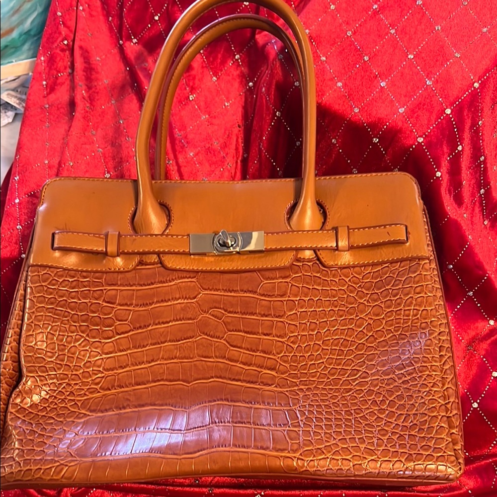 Tan Crocodile-Embossed Leather Satchel with Metallic Hardware